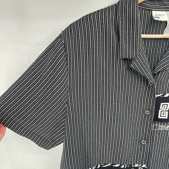 Koret Womens Button Down Shirt Top Short Sleeve Vintage Black White Petite XL - Picture 6 of 11